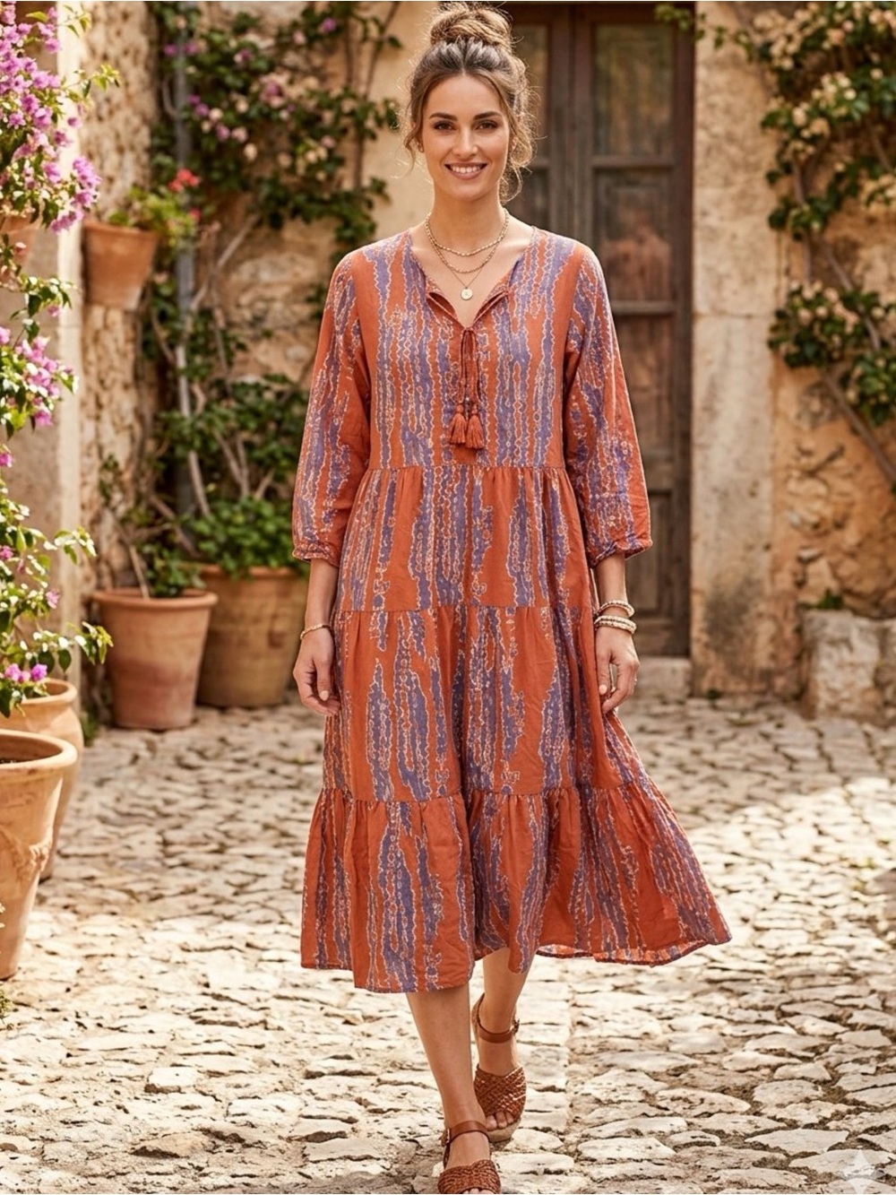 Park Moda Boho Tiered Ikat Midi Dress Rust Orange Purple Tassel Peasant One Size